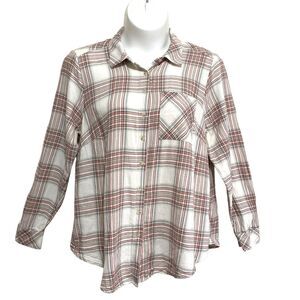 Torrid Shirt Top Womens 2 Tan Ivory Plaid Casual Collared Button Up Long Sleeve